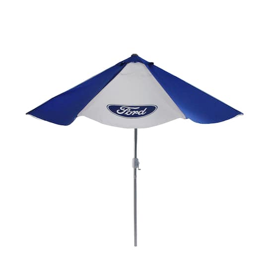 9ft. Blue &#x26; White Ford Outdoor Umbrella with Hand Crank &#x26; Tilt 
